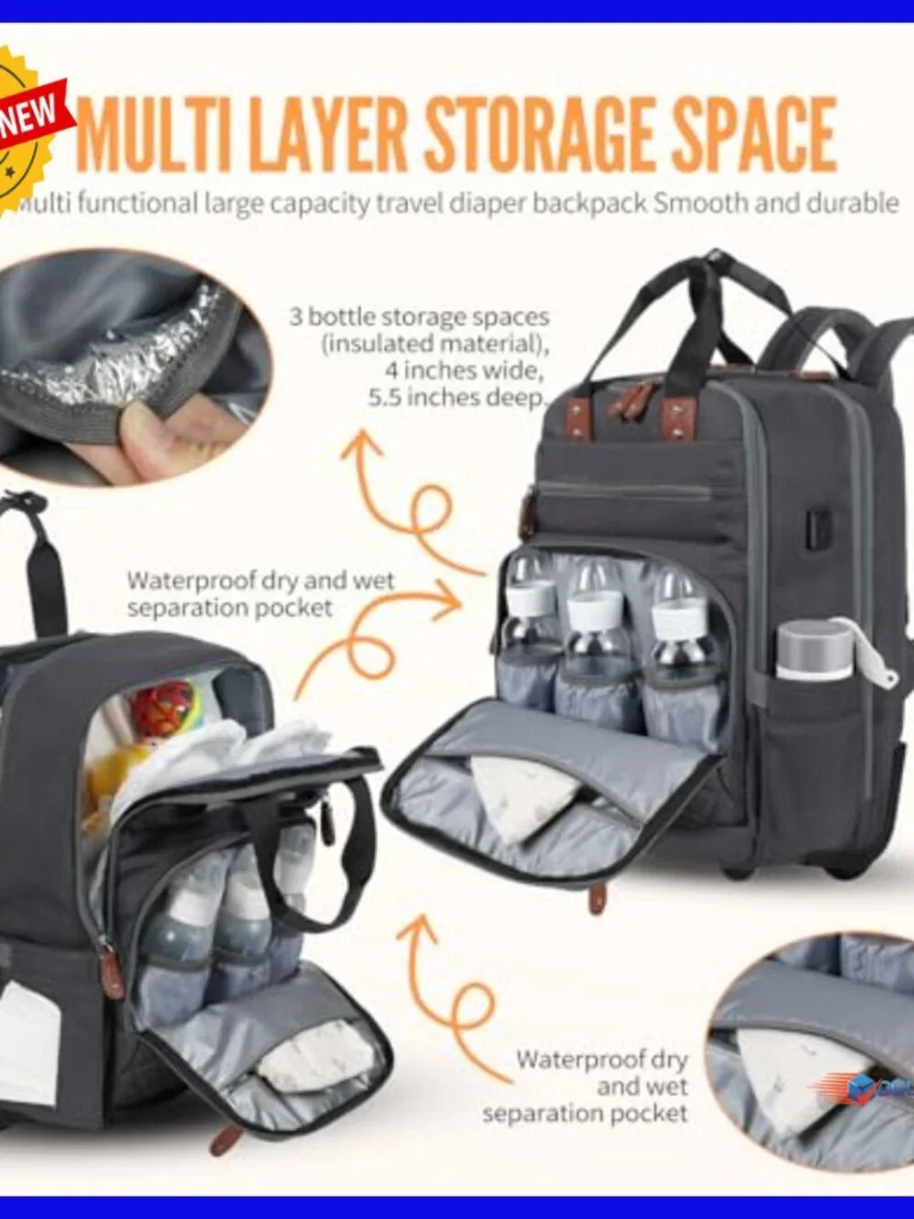 Convertible Rolling Diaper Backpack with Hidden Wheels, 35L Travel Bag